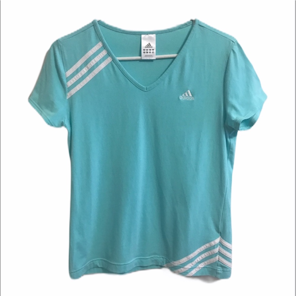 Adidas V-Neck Activewear Top Blue White Size Medium Athletic Performance Tee - Picture 2 of 8